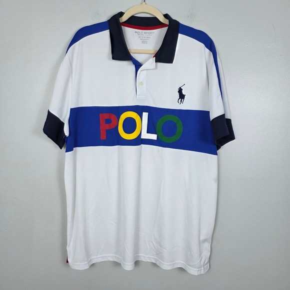 Polo Sport Ralph Lauren XXL Spellout White Blue Color Block Polo Shirt Big Pony - Picture 1 of 6